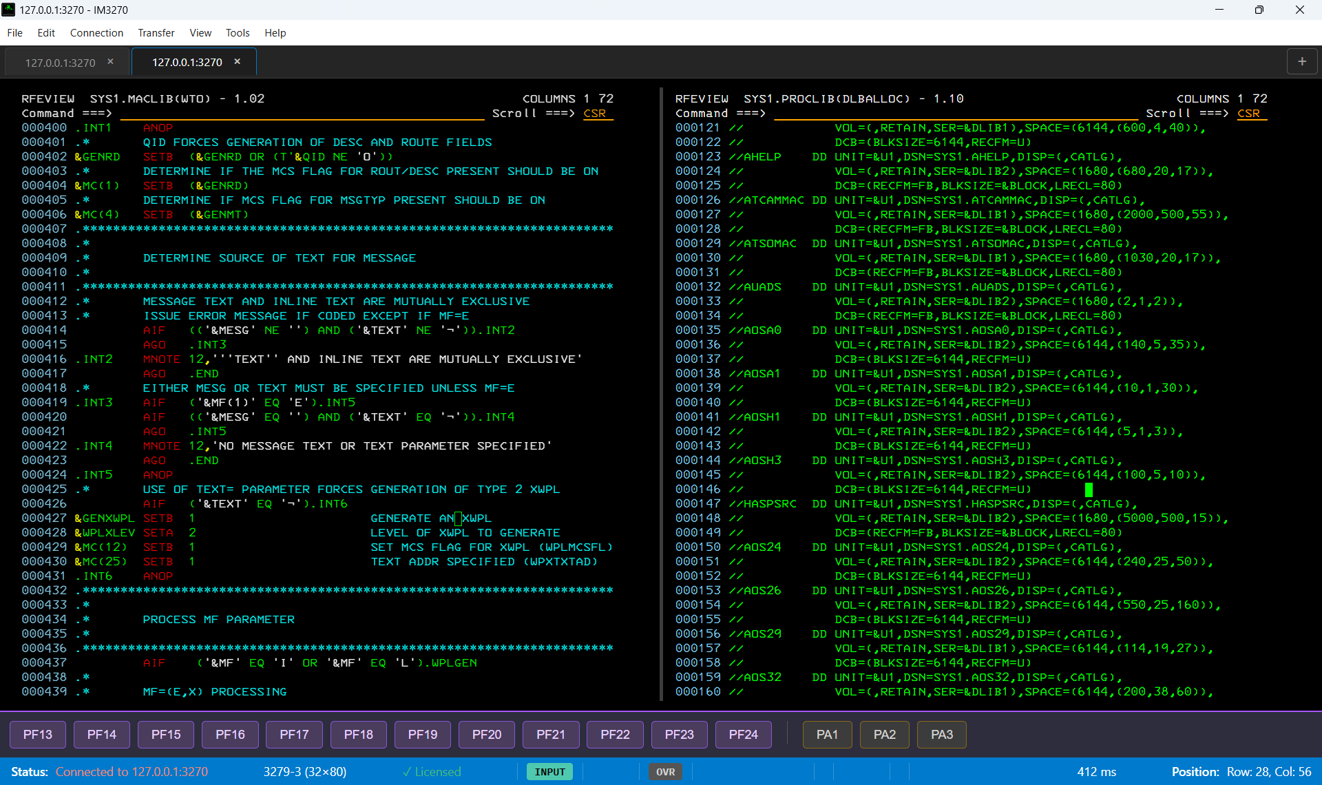IM3270 split-window view showing two ISPF panels side by side
