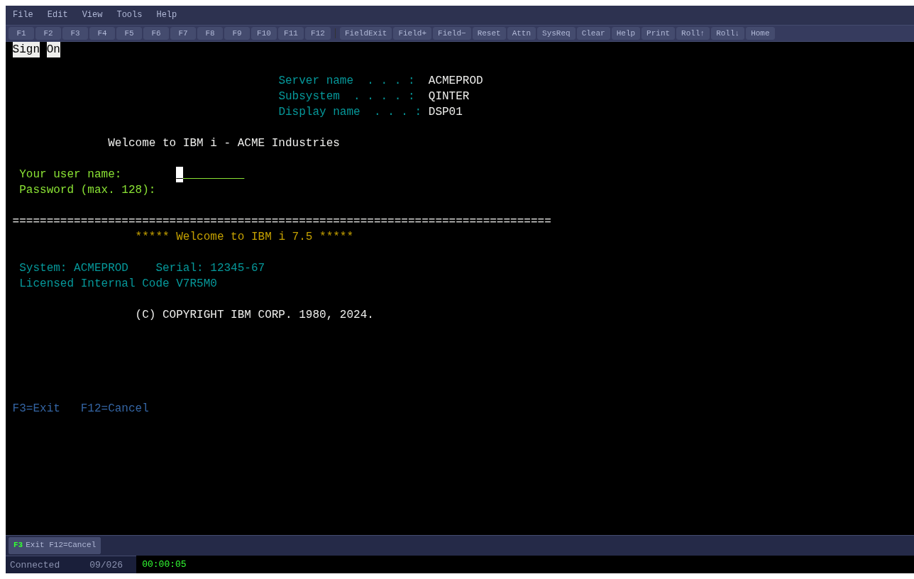 IMTerm AS/400 Sign-On screen with multi-color rendering, PF toolbar, and OIA status bar