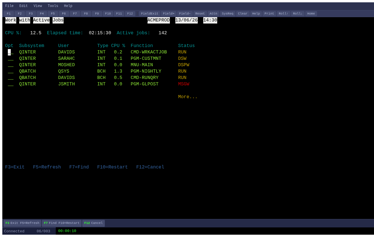 IMTerm Work with Active Jobs showing color-coded subfile data